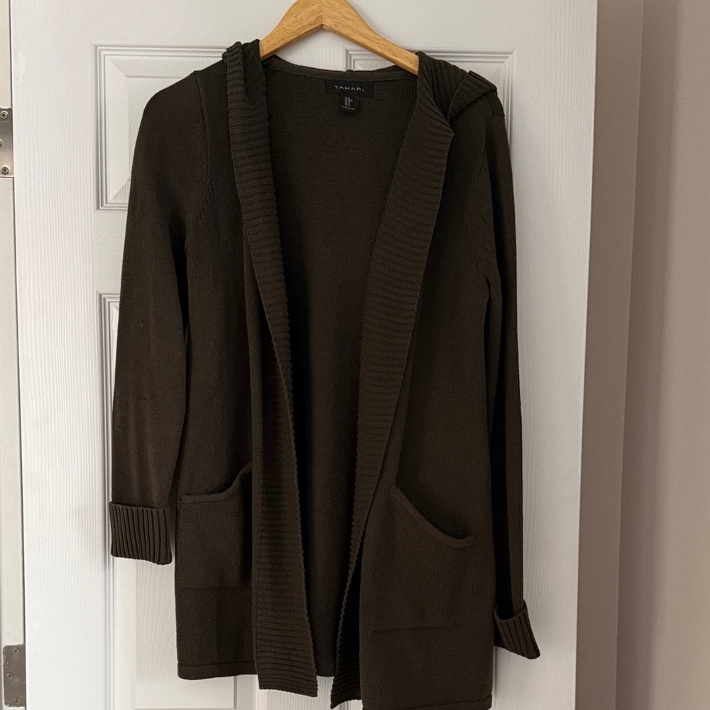 Long Army Green Hooded Cardigan (with pockets!)